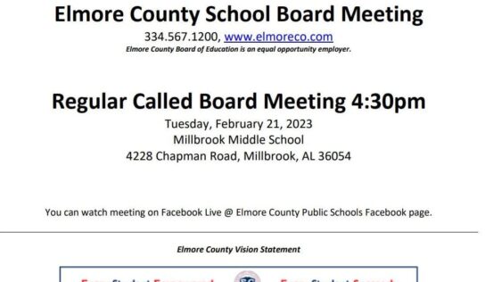 Elmore County School Board to hold Regular Meeting at Millbrook Middle School