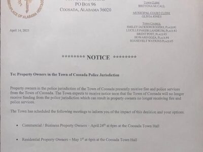 The future of Coosada’s police/fire jurisdictions: Public Meeting May 1 at Town Hall