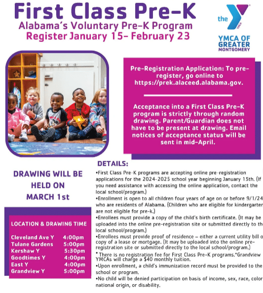 Registration open for first class of Pre-K at Grandview YMCA, and Greater Montgomery YMCA locations