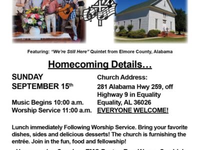 Equality Methodist Church to host Homecoming September 15; All are welcome