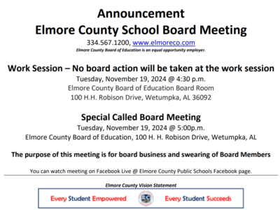 Elmore County School Board to hold work session, meeting Nov. 19