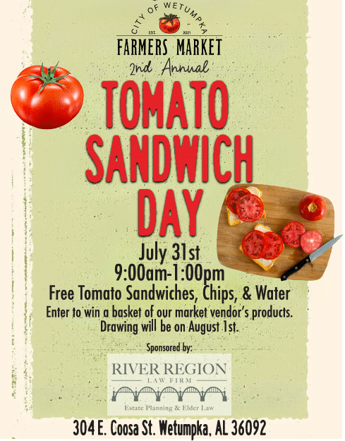 FREE Tomato Sandwich Day coming to Wetumpka Farmers Market July 31